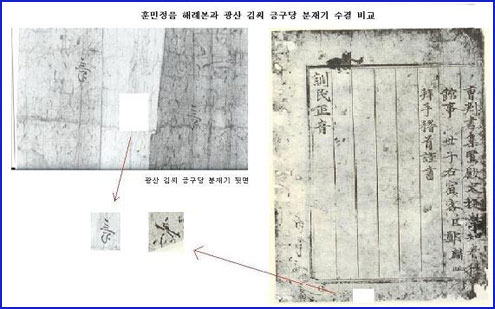 긍구당가 분재기(왼쪽)에 있는 수결과 <훈민정음> 원본(오른쪽)에 있는 수결 비교 - 뜻 '의(意)'자로 마음과 같다는 의미 